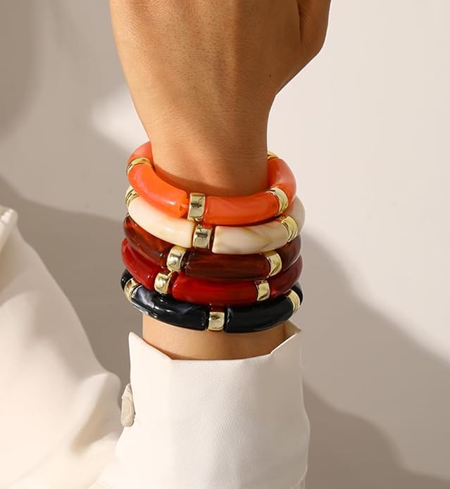 iF YOU 6pcs Chunky Acrylic Bangle Bracelets for Women, Resin Bamboo Brown Stretchy Bracelet Stack, Fashion Jewelry for Women