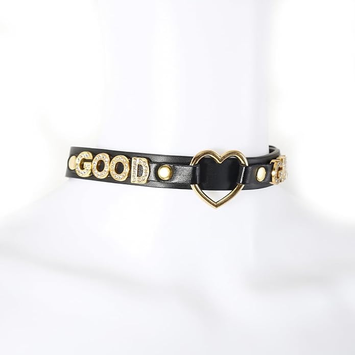 Succuba Handmade Heart Ring Rhinestone Letter Pu Leather Choker Collar Necklace for Women and Men