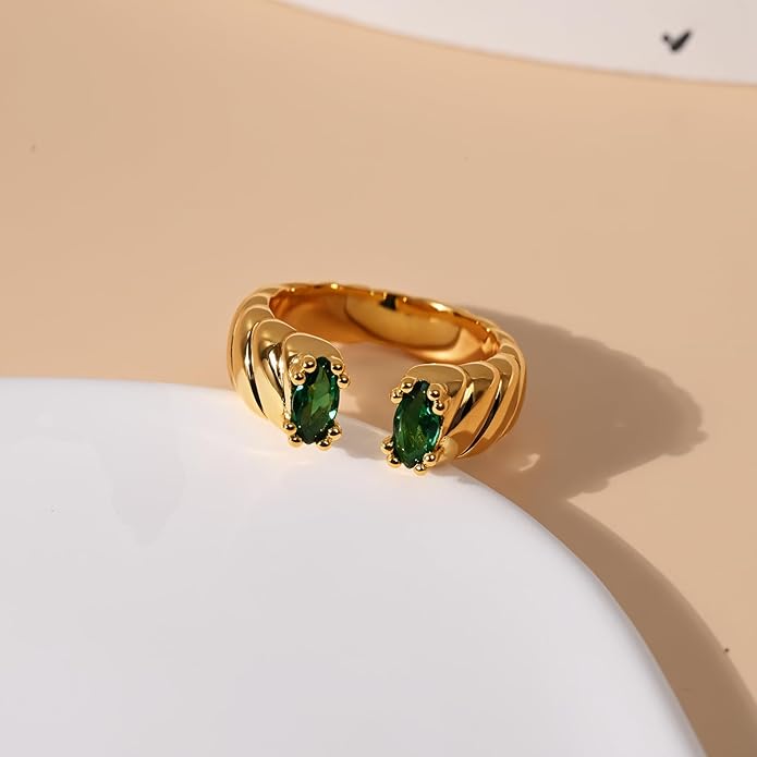 Chunky 18K Gold Adjustable Statement Ring for Women - Green Marquise Crystal Open Band, Vintage-Inspired Luxury Gift