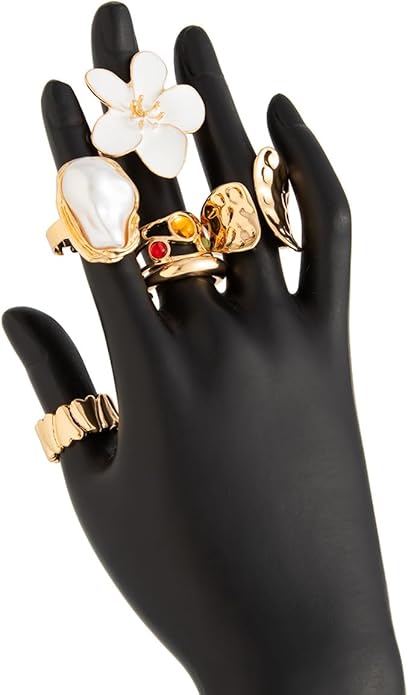 CJIAYUJEW Chunky Gold Flower Rings Pearl Stacking Statement Rings for Women Silver Chunky Knuckle Ring Set Adjustable Pearl Finger Ring Sets
