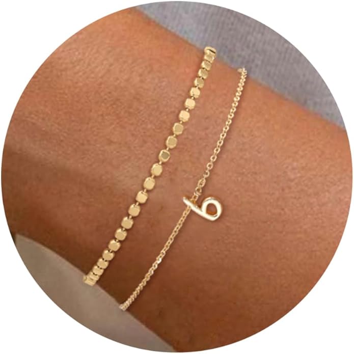 Initial Bracelets for Women, Dainty 14K Gold Plated Layered Letter Bracelet, Trendy Charm Stackable Jewelry Valentines Day Gift for Her