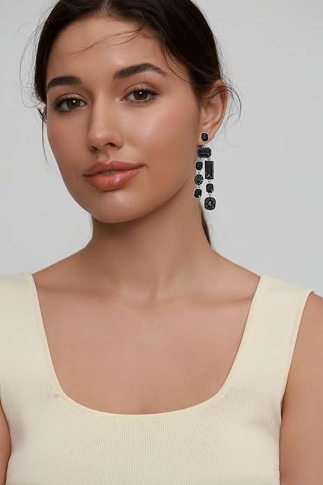Vintage Rectangle Teardrop Chandelier Earrings, Art Deco Wedding Austrian Crystal Drop Dangle Earrings for Women Party Prom