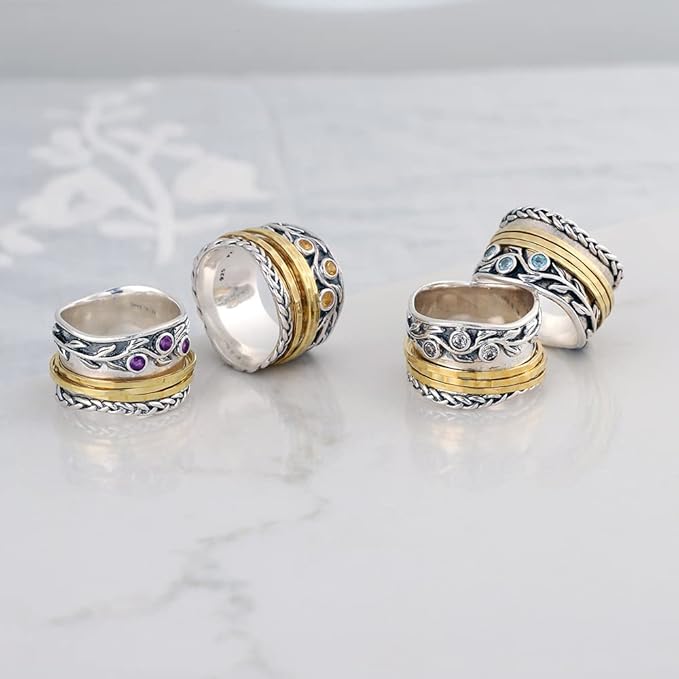 Paz Creations 925 Sterling Silver Spinner Rings for Women With Natural Gemstones - Hammered Pattern Thick Band - Handcrafted Artisan Jewelry - Fidget Rings - Gift For Her