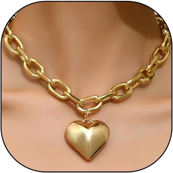 Chunky Gold Heart Necklace for Women,Y2K Big Heart Statement Necklace Long Puffy Hearts Chain Charm Necklaces Trendy Jewerly
