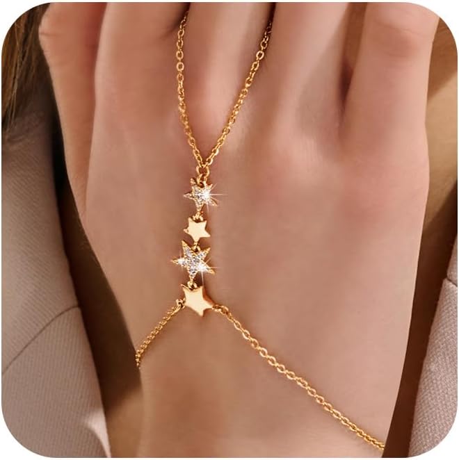 YOIHUR Champagne Gold Plated Hand Chains for Women, Adjustable Hand Chain Bracelet and Ring, Gold Hand Chain Bracelets Stack Jewellery Stars and Cubic Zirconia Hand Jewelry for Valentine's Day