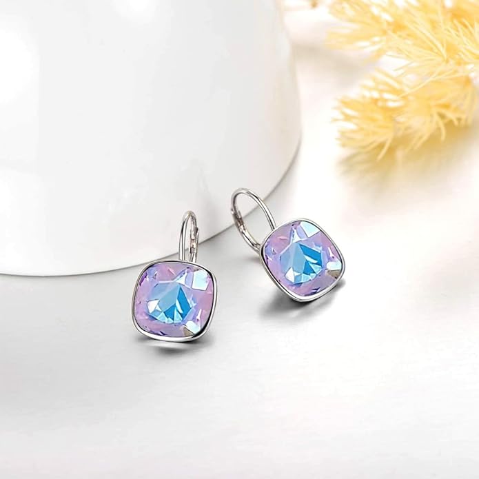 AOBOCO Sterling Silver Leverback Earrings Embellished with Crystals from Austria, Hypoallergenic Cushion Cut Square Crystal Earrings, Fine Anniversary Birthday Jewelry Gifts for Women
