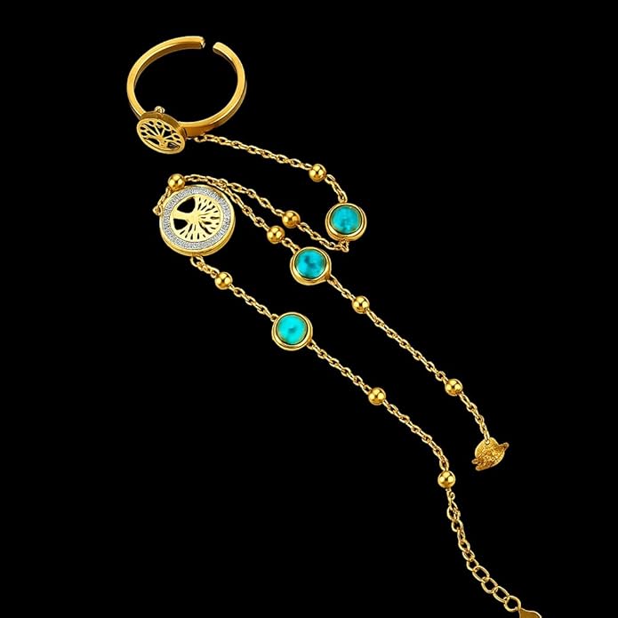 KROSS KULTURE 18K Gold Tree of Life Charm Hand Chain Finger Ring Bracelet with Turquoise Gemstones, Adjustable Dainty Waterproof Hypoallergenic Stainless Steel Fashion Jewelry Gift for Her