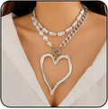 Chunky Gold Necklace Big Heart Necklace for Women Silver Large Statement Necklaces Thick Bold Chain Puffy Love Heart Charm Necklaces for Women with OT Toggle Silver Chunky Gold Jewelry Trendy Valentine's Day Gift