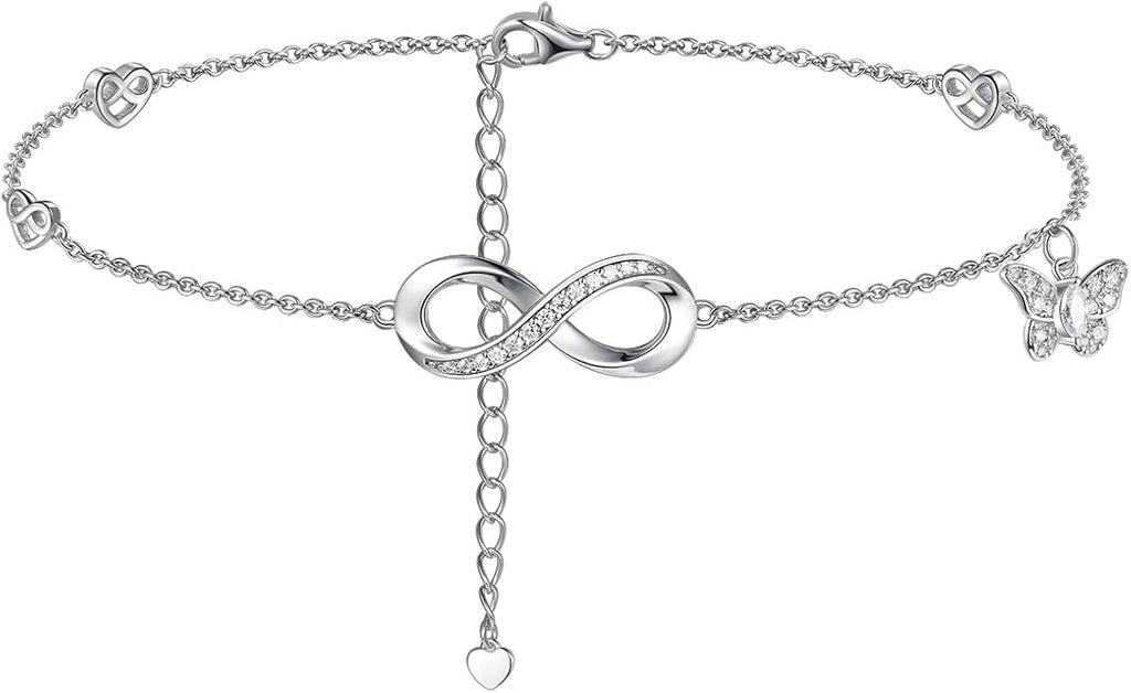 Moissanite Infinity Anklet for Women, Real Authentic 925 Sterling Silver Hypoallergenic, Beautiful Summer Jewelry, Dainty Ankle Bracelet, 8.6-10.6inch (21-26cm) Adjustable