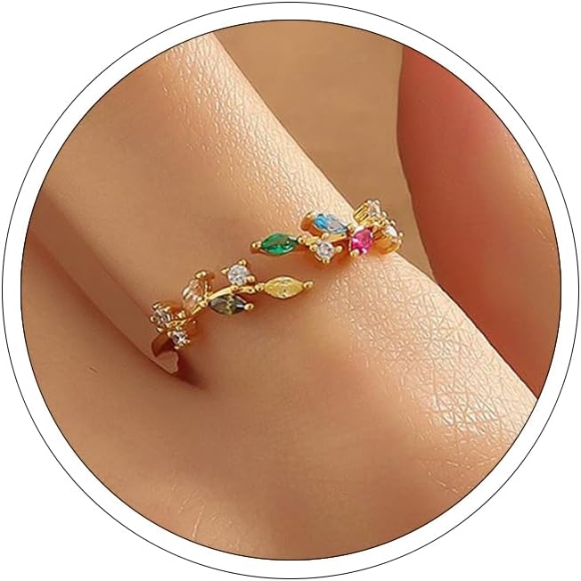 Gold Rings Non Tarnish Silver Adjustable Rings for Women Cubic Zirconia Leaf Ring Dainty Silver Stackable Ring for Women