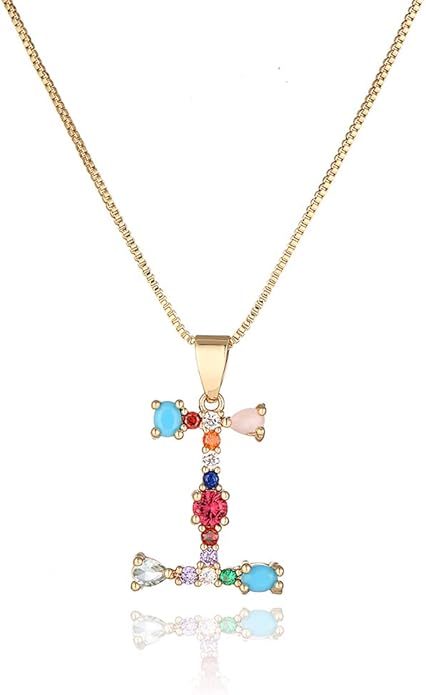 Eben-Ezer 18K Gold Box Chain Choker Initial Necklace Multi-Color Zircon Letter Pendant Script Name Custom Necklace for Women Gift Alphabet 26 A-Z