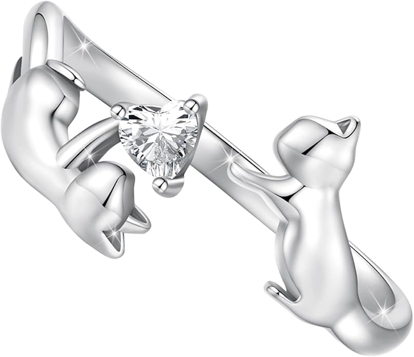 WOSTU Animal Open Adjustable Ring Playful Cat Dachshund Snake Koi Fish Hummingbird Bat Heart Feather Stacking Ring for Women, Sterling Silver Plated Pet Memorial Jewelry Gift for Cat Lovers