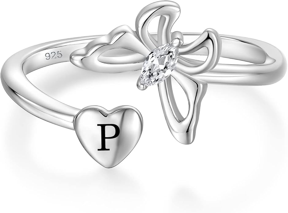 STARCHENIE Butterfly Initial Ring for Women 925 Sterling Silver Letters A-Z 26 Alphabet Adjustable Ring Size 7
