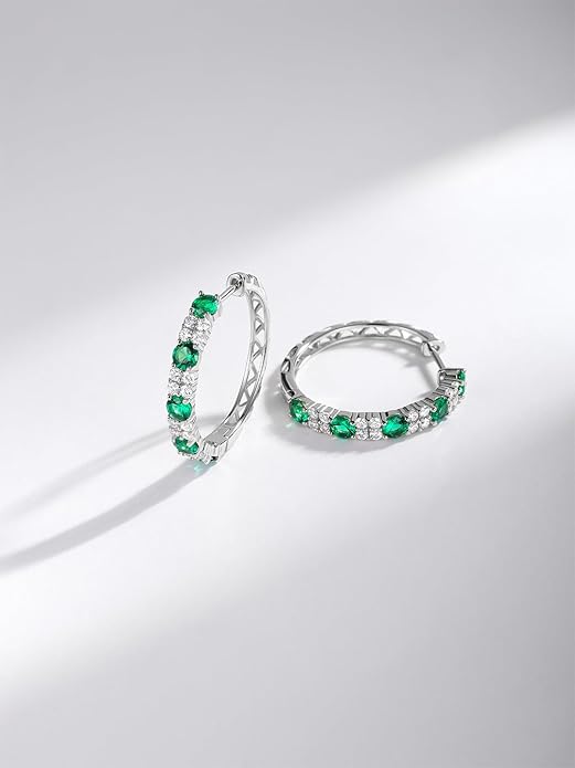 Women's Huggie Hoops with Birthstone 925 Sterling Silver Huggie Stud Hypoallergenic 14K Gold Plated Moissanite Earrings -Emerald Sapphire Ruby Hoop Earrings, Size 20 25mm