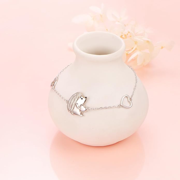 FLYOW 925 Sterling Silver Cute Animal Heart CZ Hedgehog Pendant Necklace and Stud Earrings Bracelet Set for Women Birthday Jewelry
