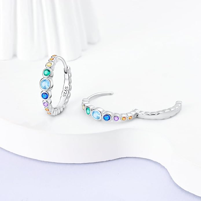 NARMO Earrings for Women 925 Sterling Silver Heart Hoops Small Colorful Rainbow Hoop Earrings Huggie Earrings