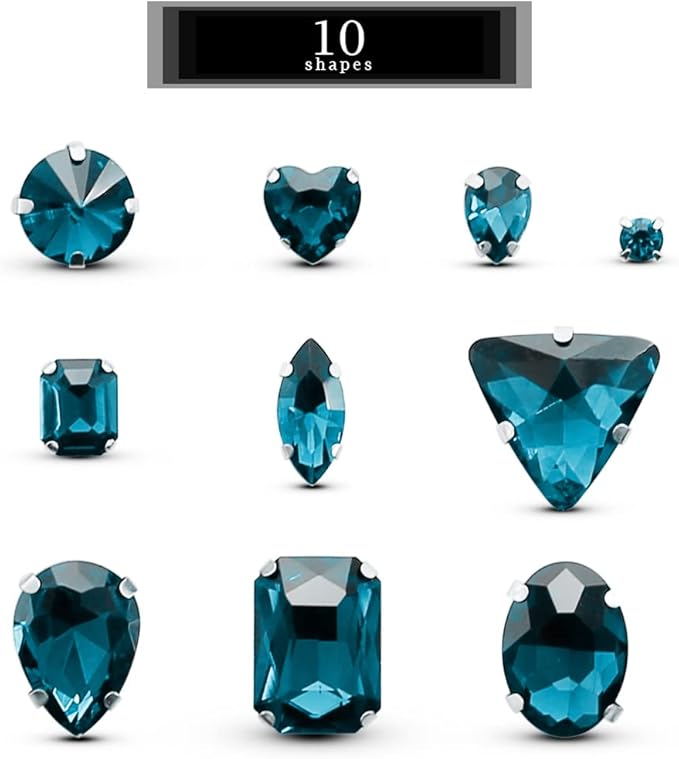 TANOSII Sew on Rhinestones 100 PCS Mixed Shapes Glass Rhinestones Sew on Crystal Gems Mental Flatback with Silver Claw for Jewelry Crafts Clothes Shoes Costume Garment Turquoise