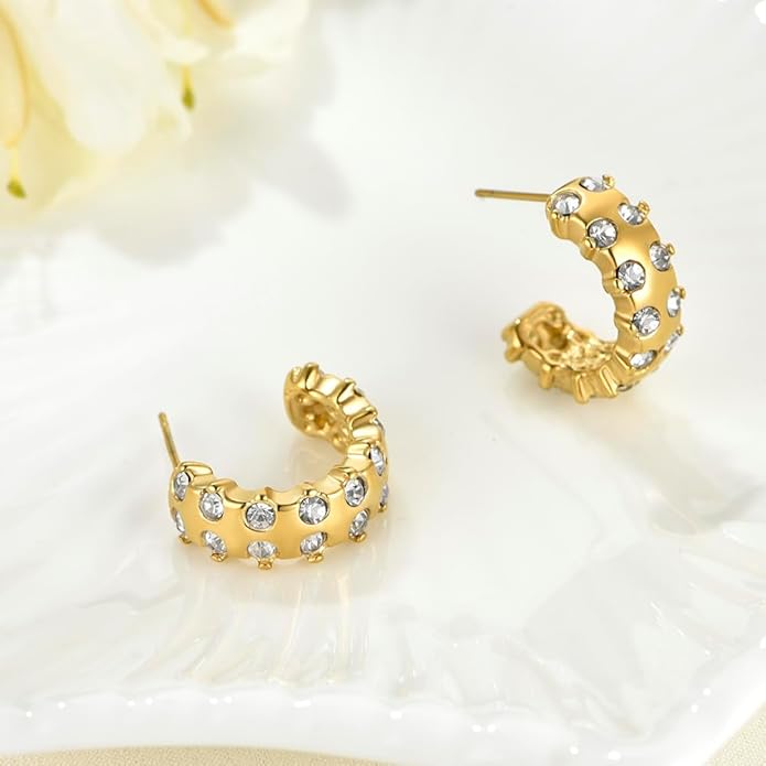 Gold Earrings for Women Girls,14K Gold Plated Hoop Earrings with 925 Sterling Silver Post Cubic Zirconia Stud Earring Huggie Hoops Earrings