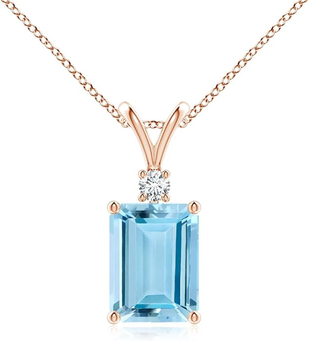 Angara Natural Aquamarine Solitaire Pendant for Women | Emerald-Cut Aquamarine Pendant with Diamond in 14K Solid Gold/Silver/Platinum With 18" Chain | March Birthday, Gemstone Jewelry Gift