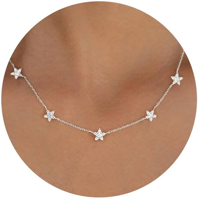 VRIUA Necklaces for Women - 14K Gold/Silver Plated Dainty Chain Necklace with Five Charms: Diamond, Bow, Snowflake, Cross, Flower, Clover, Butterfly, Heart, Star of David, and Star Trendy Jewelry