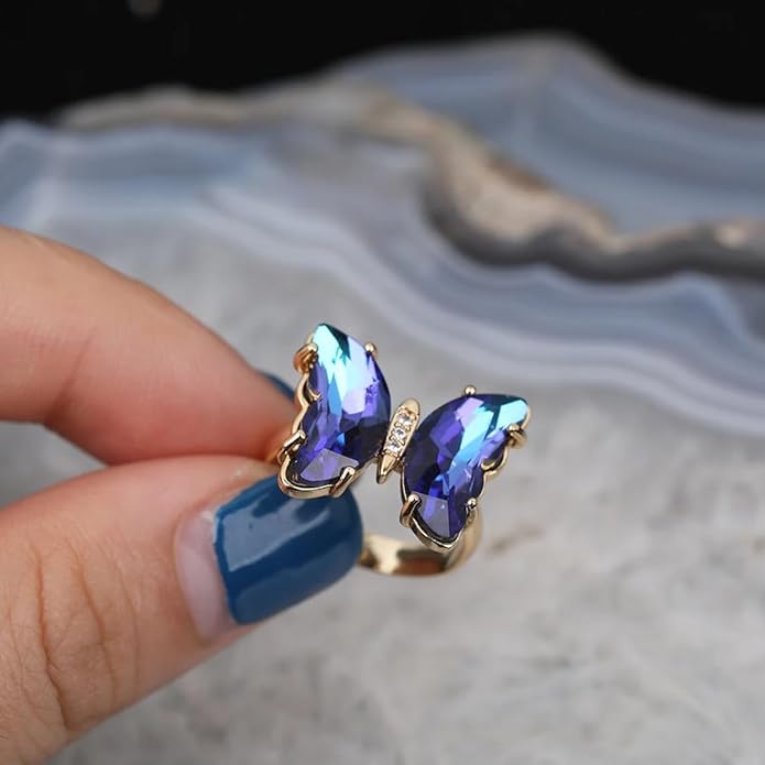 MISS RIGHT Butterfly Crystal Jewelry Set with Butterfly Necklace Stud Earrings Bolo Bracelet Adjustable Ring for Women Trendy, Iridescent Y2K Dainty Butterfly Jewelry Gifts