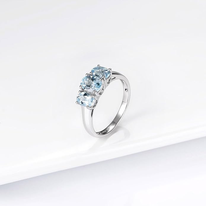 Natural Aquamarine Rings for Women S925 Sterling Silver Real Gemstone March Birthstone Simple Promise Ring Elegant Style Fine Jewelry for Birthday