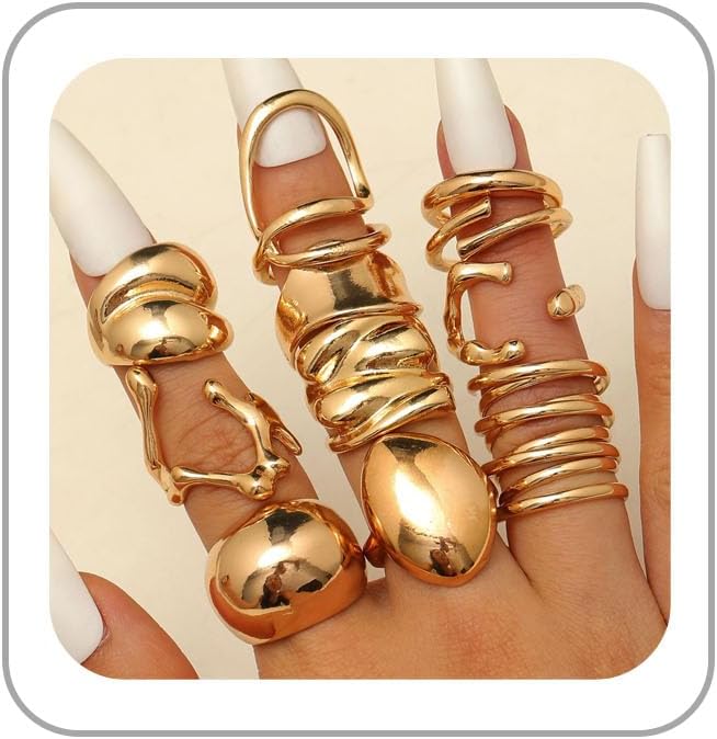 Chunky Gold Rings for Women Rhinestone Stackable Knuckle Ring Set Open Adjustable Statement Ring Set Dainty Crown Cross Midi Rings Fashion Jewelry Gift for Women