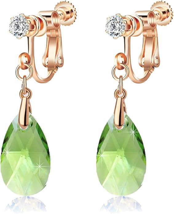 Teardrop Austrian Crystal Drop Clip On Dangle Earrings for Women Non Pierced 14K Rose Gold Plated Hypoallergenic Jewelry