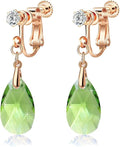 Teardrop Austrian Crystal Drop Clip On Dangle Earrings for Women Non Pierced 14K Rose Gold Plated Hypoallergenic Jewelry