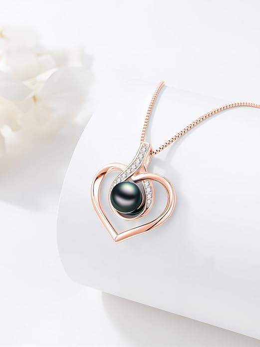 Tahitian Black Pearl AAAA 18K White Gold Plated Sterling Silver Heart Pendant Necklace for Women Wife Mom Girlfriend Valentine Her Jewelry Gift for Anniversary Birthday Christmas