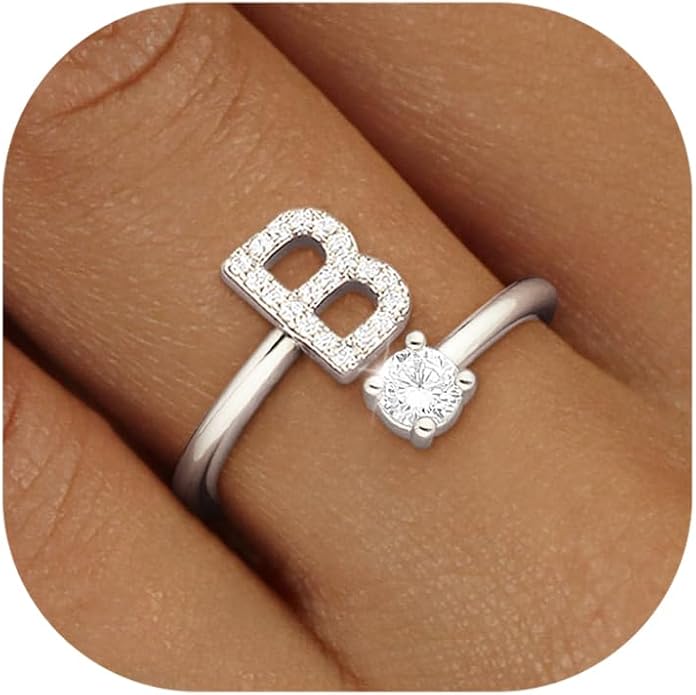 Valentines Day Gifts Gold Silver Initial Rings for Women Non Tarnish Dainty 14k Gold Plated Stackable Rings for Women Trendy Adjustable Letter Cubic Zirconia Pinky Ring Cute Open Birthday Gift Jewelry