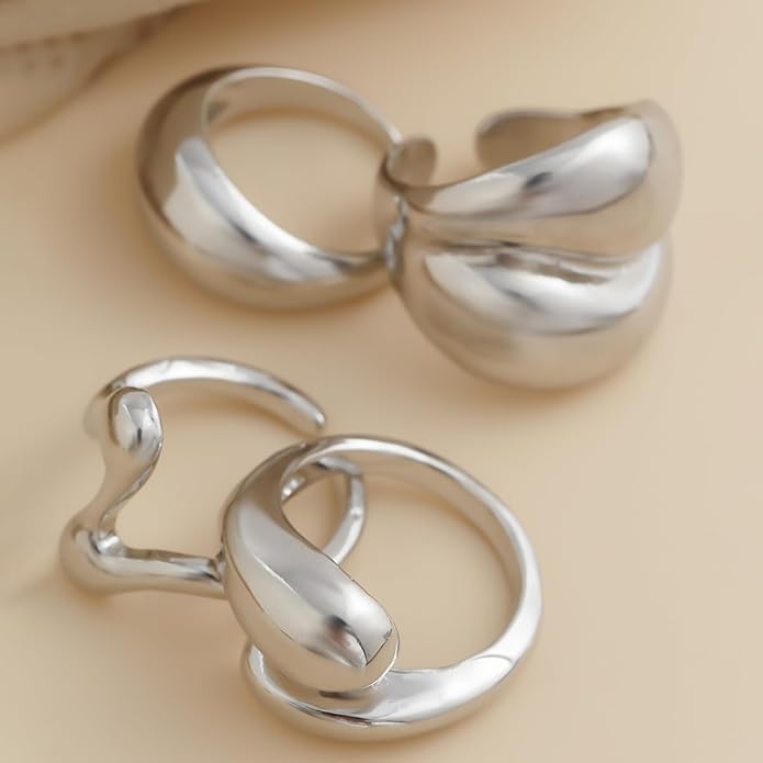 MIFYNN Chunky Gold Rings for Women Gold Silver Adjustable Thick Ring Fashion Statement Ring Open Dome Ring Chunky Silver Rings Geometric Curved Minimalist Simple Rings