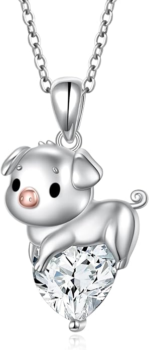 FLYOW Pig Necklace 925 Sterling Silver Cute Animal Necklace with Heart Blue CZ Piggy Pendant for Women Friend Pig Lovers Birthday Graduation Valentine's Day Anniversary Christmas Jewelry White/Blue