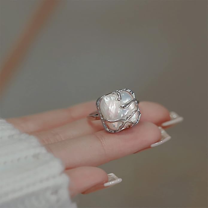 HETICA Irregular Pearl Silver Ring for Women Baroque Pearl Ring Fashion Statement Ring Jewelry Gift