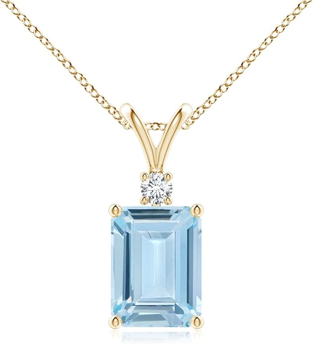 Angara Natural Aquamarine Solitaire Pendant for Women | Emerald-Cut Aquamarine Pendant with Diamond in 14K Solid Gold/Silver/Platinum With 18" Chain | March Birthday, Gemstone Jewelry Gift