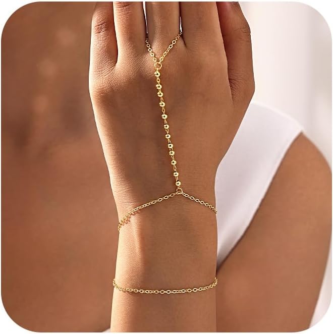 CHESKY 14K Gold Plated Hand Chain Bracelets for Women Set - Dainty Finger Ring Bracelet Stack Adjustable Hand Chains Durable Beaded Bracelets Trendy Simple Body Jewelry Gift for Women