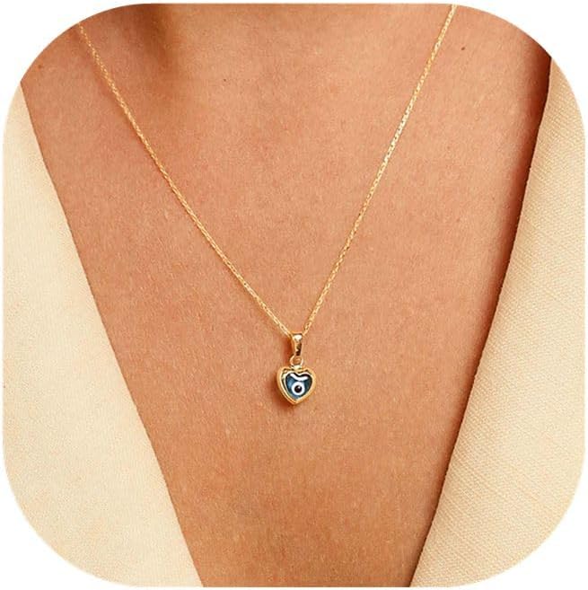 Evil Eye Necklace for Women 14K Gold Plated Delicate Necklaces Blue White CZ Diamond Pendant Necklace Cute Boho Tiny Evil Eye Lucky Protection Jewelry Gift for Women