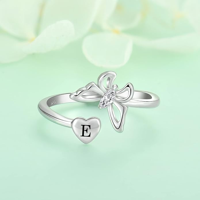STARCHENIE Butterfly Initial Ring for Women 925 Sterling Silver Letters A-Z 26 Alphabet Adjustable Ring Size 7