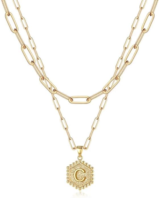 M MOOHAM Valentines Gifts for Women Teen Girls, 14K-Gold-Plated Initial Necklaces for Women Cute Hexagon Letter Initial Necklace Layered Necklaces for Womens Teen Girl Valentines Jewelry Gifts