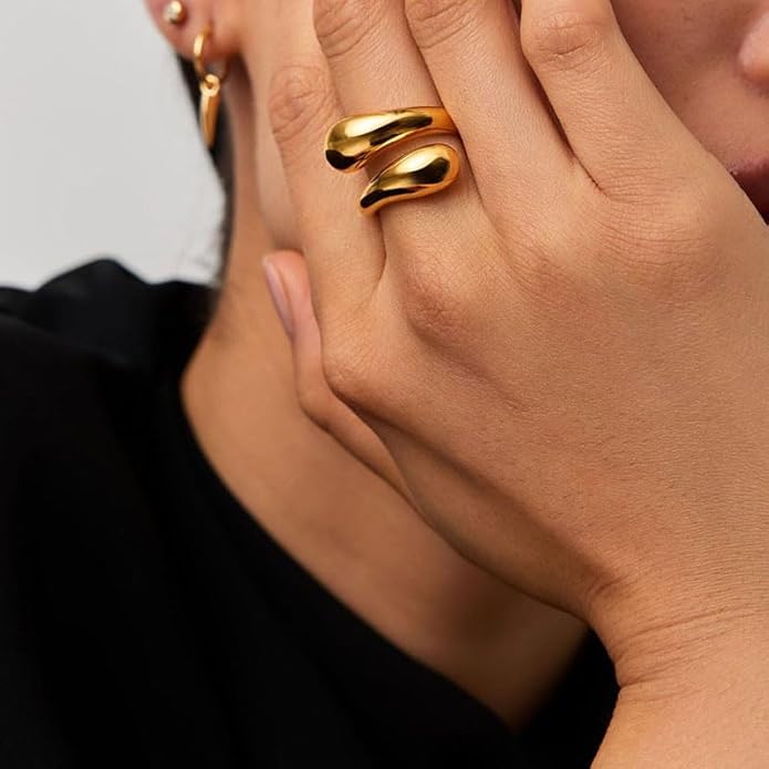 Chunky Rings For Women, Gold Silver Thumb Ring Asymmetrical Wavy Curve Ring Adjustable Non Tarnish Dainty Stainless Steel New Year Anniversary Birthday Jewelry Gift