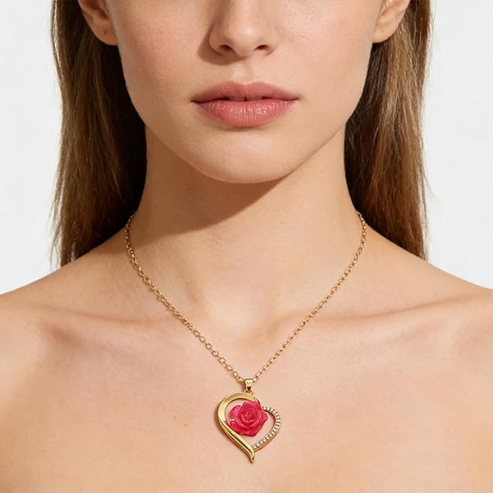 ONLYJUMP Rose Alloy Necklace for Women Heart Pendant Copper Zircon Light Luxury Fashion Jewelry Dainty Romantic Statement Necklace for Daily Wear Ideal Valentine's Day Anniversary Birthday Gift