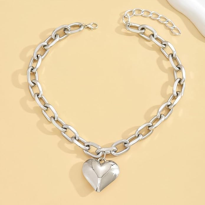 Chunky Gold Heart Necklace for Women,Y2K Big Heart Statement Necklace Long Puffy Hearts Chain Charm Necklaces Trendy Jewerly