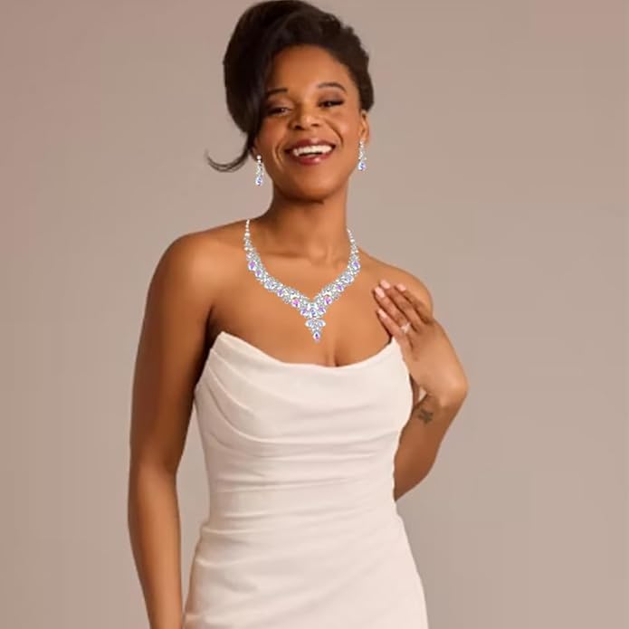 Bridal Bridesmaid Austrian Crystal Jewelry Set, Floarl rhinestone Statement Neckace Teardrop Necklace Drop Dangle Earrings Set
