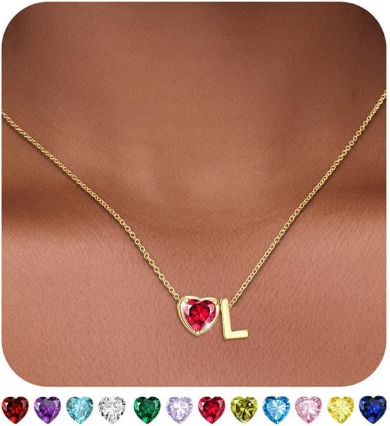 Valentines Day Gifts for Her- Heart Birthstone Initial Necklace for Women Girls,14K Gold Plated Heart Letter A-Z Necklace Birthday Trendy Jewelry Gifts for Women Girls Daughter