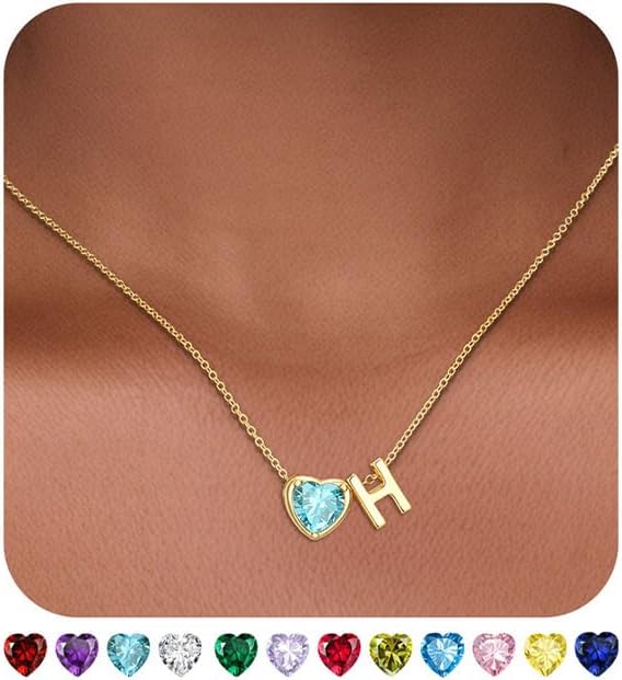 Valentines Day Gifts for Her- Heart Birthstone Initial Necklace for Women Girls,14K Gold Plated Heart Letter A-Z Necklace Birthday Trendy Jewelry Gifts for Women Girls Daughter