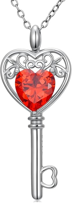 WSX Heart Key Birthstone Necklace for Women 925 Sterling Silver Love Key Pendant with Birthstone Valentine's Day Anniversary Jewelry Gift for Her