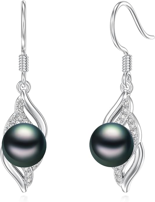 Tahitian Black Pearl Earrings Gifts for Women Wife Celtic Dangle Drop Earrings Wedding Birthday Anniversary Jewelry Valentines Christmas Day Gifts 925 Sterling Silver
