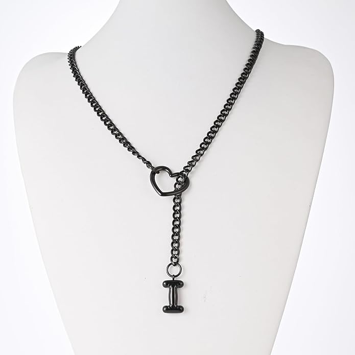Black Heart Slip Chain Initial Necklaces for Women,Stainless Steel O-Ring Adjustable Lariat Heart Y-Necklace,Punk Gothic Cuban Collar Choker Necklace for women