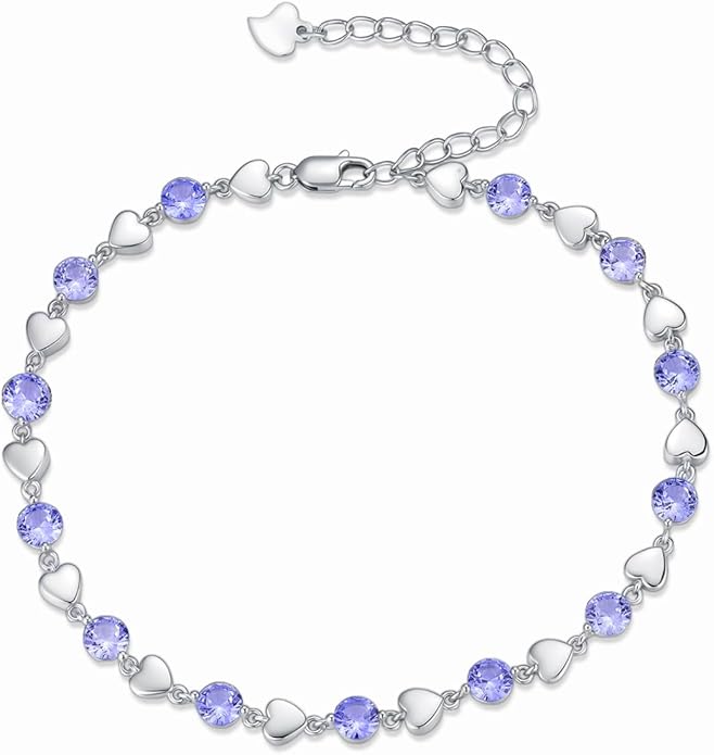 Birthstone Charm Link Bracelet 925 Sterling Silver Rose/Heart/Mom Bracelet with 12 Months Birthstone Mother's Day Gift Jewelry Gifts for Women,Chain Length 7"+2" Extend