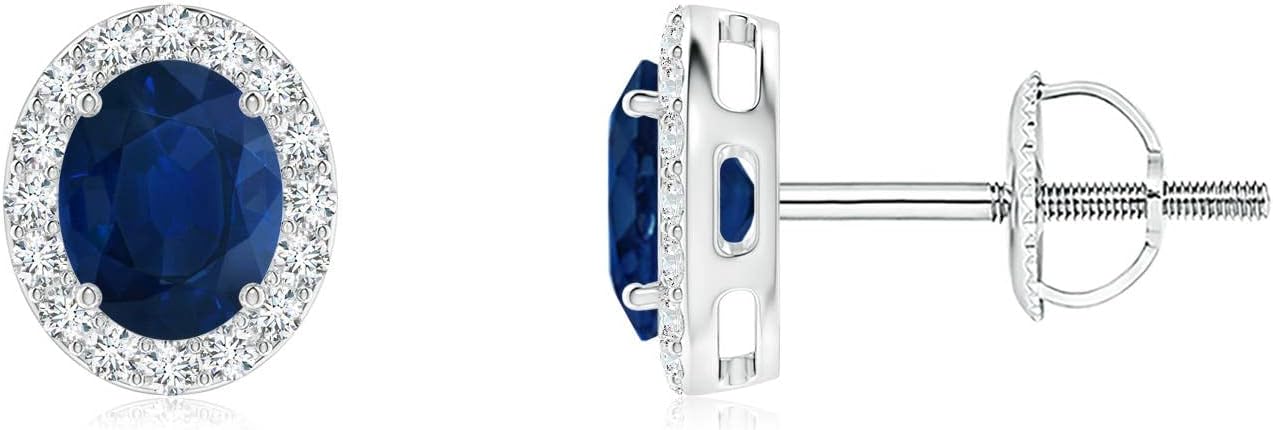 ANGARA Natural Blue Sapphire Earrings for Women | Prong-Set Oval Blue Sapphire Stud Earrings with Diamond Halo in 14K Solid Gold/Platinum | September Birthday, Anniversary, Gemstone Jewellery Gift